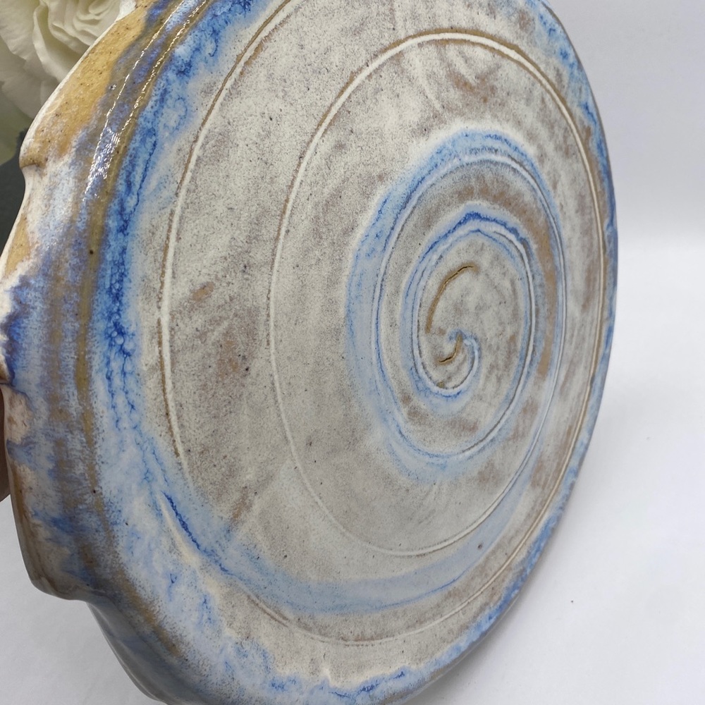 Modern Pottery CAKE STAND PEDESTAL Blue Cream Glaze Ruffled Edge Dip Chips Stand